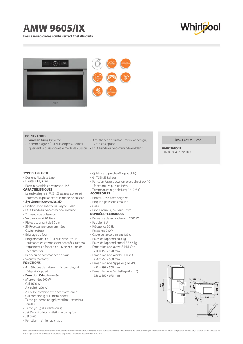 Página 1 del manual Ficha técnica Whirlpool AMW 9605/IX