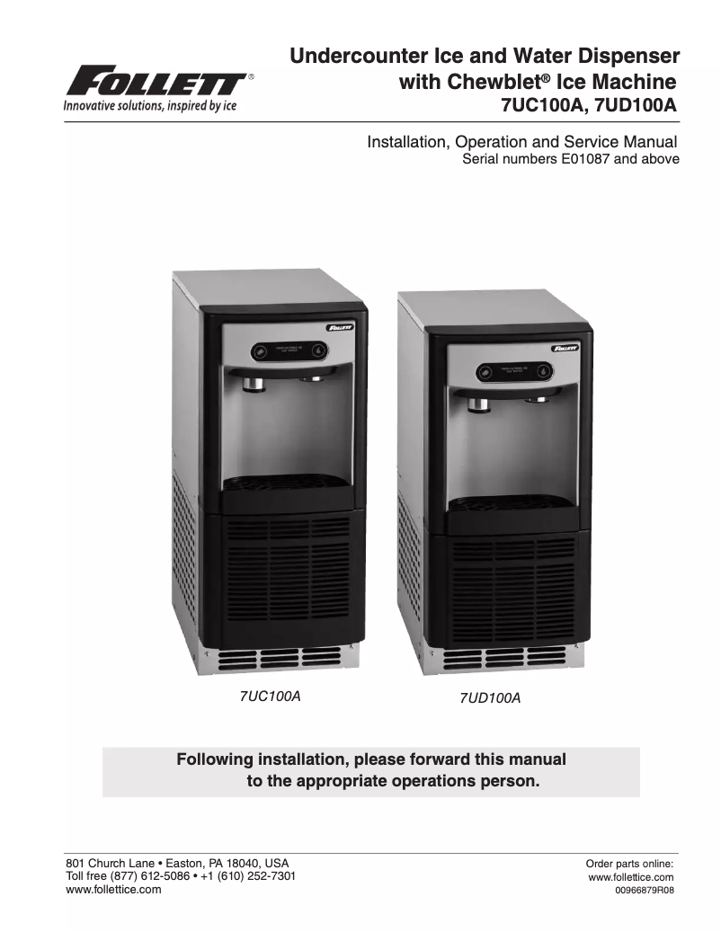 Página 1 del manual Manual de uso y mantenimiento Follett 7UD100A-IW-CF-ST-00