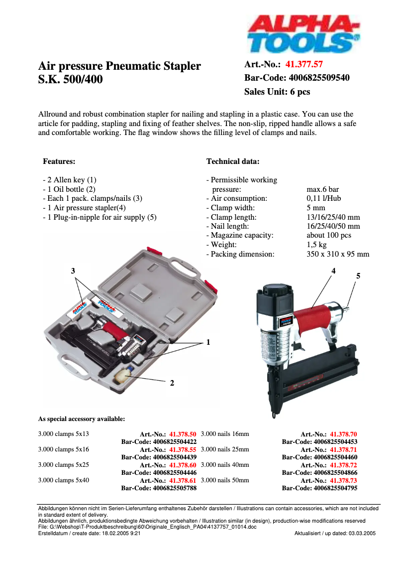 Página 1 del manual Ficha técnica Alpha Tools S.K. 500/400