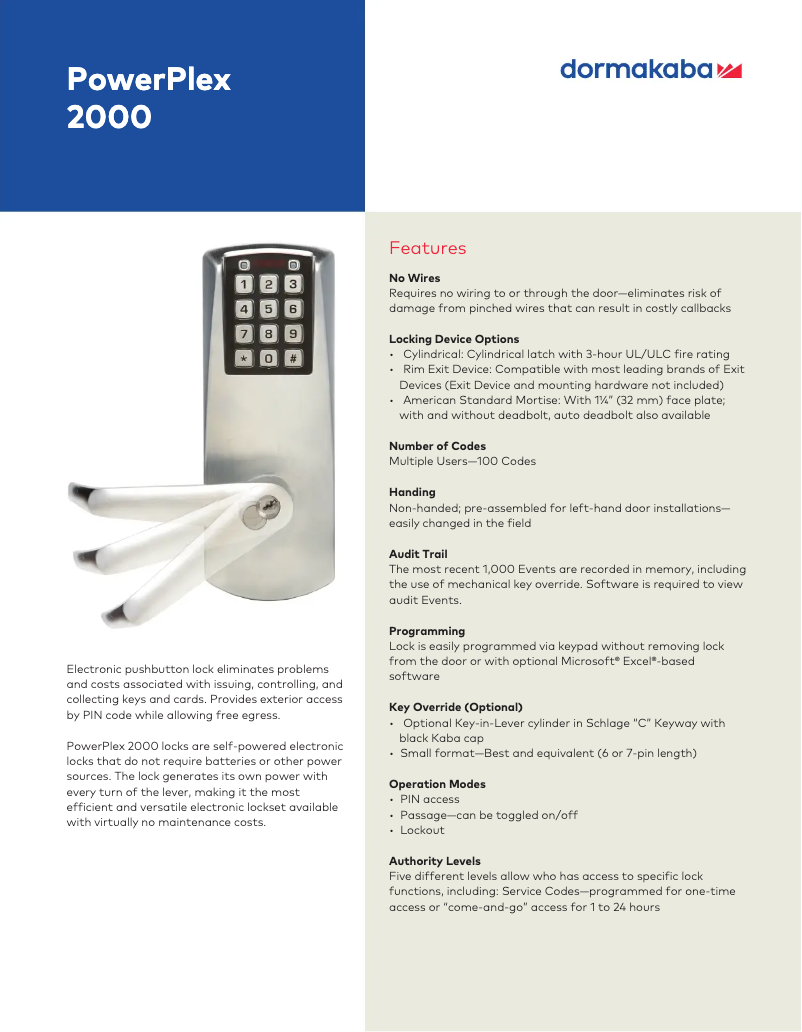 Página 1 del manual Ficha técnica Dormakaba PowerPlex 2000