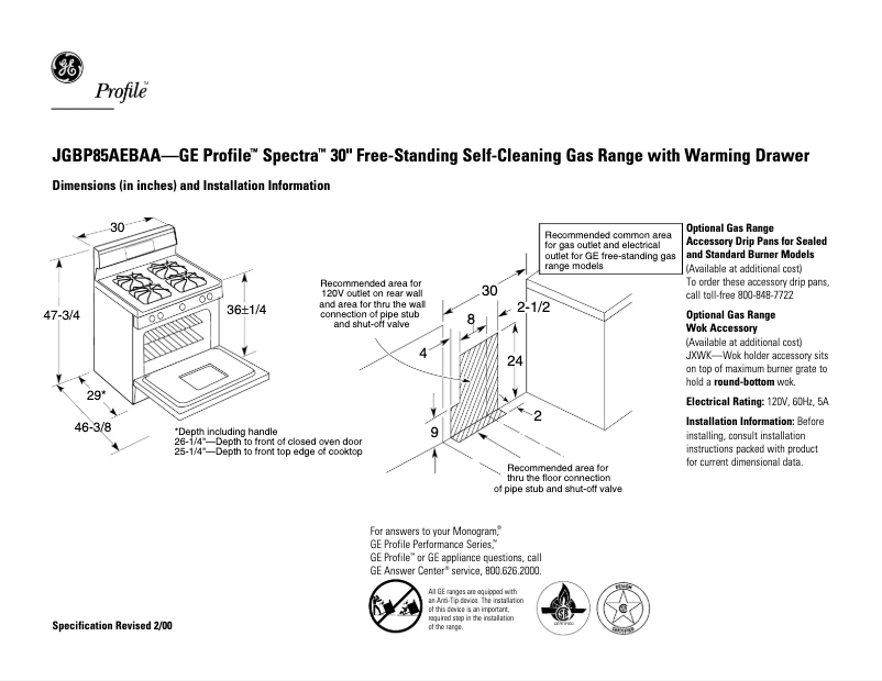 Página 1 del manual Ficha técnica GE Profile Spectra JGBP85AEBAA