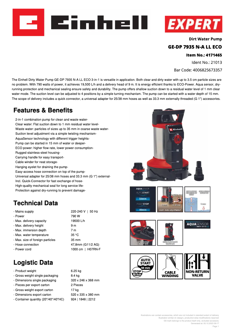 Página 1 del manual Ficha técnica Einhell GE-DP 7935 N-A LL ECO