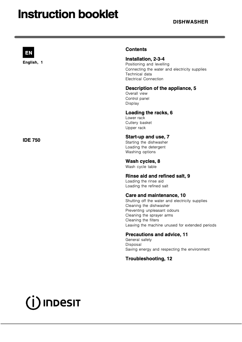 Página 1 del manual Manual de usuario Indesit DE 75