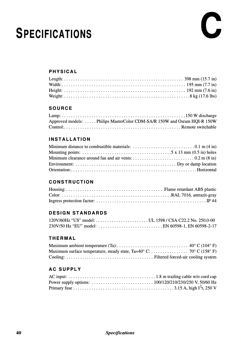 Página 1 del manual Ficha técnica Martin FiberSource CMY150