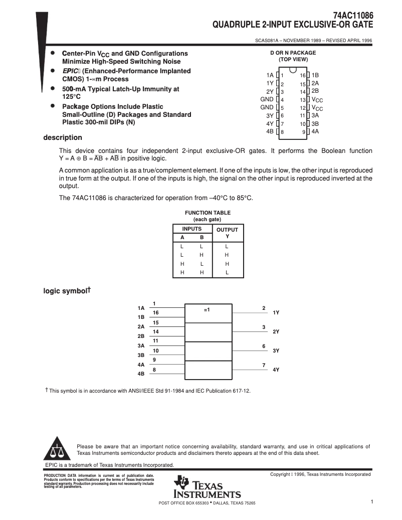 Página 1 del manual Manual de usuario Texas Instruments 74AC11086N