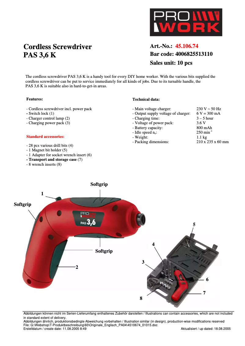 Página 1 del manual Ficha técnica Prowork PAS 3,6