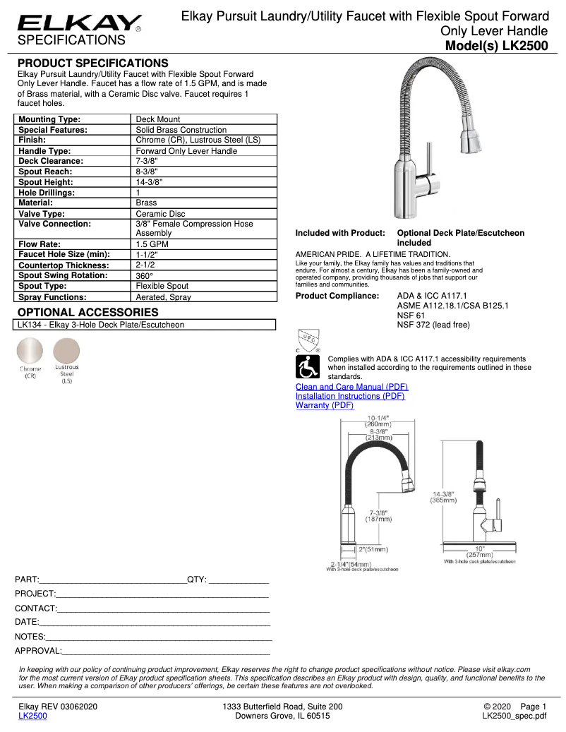 Página 1 del manual Ficha técnica Elkay LK2500CR