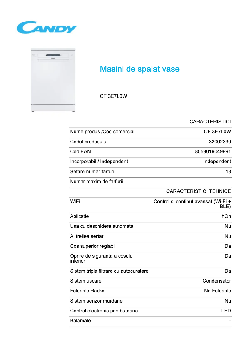 Página 1 del manual Ficha técnica Candy CF 3E7L0W