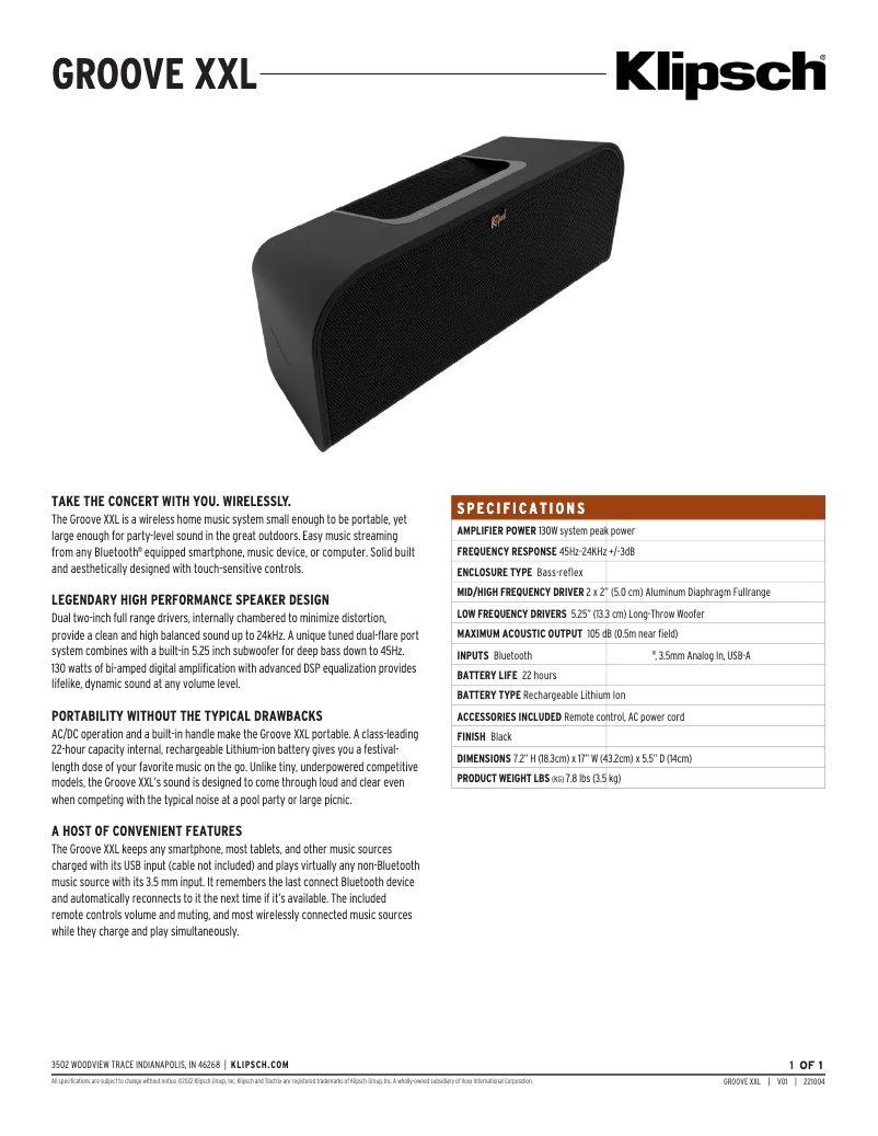 Página 1 del manual Ficha técnica Klipsch Groove XXL