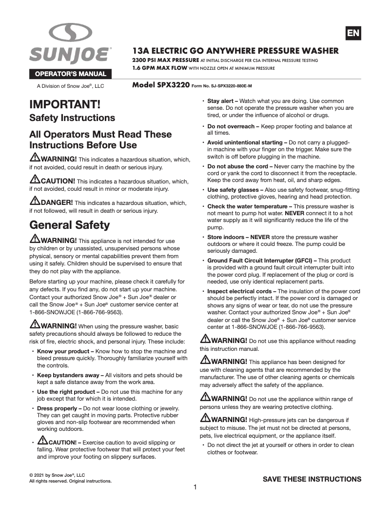 Página nº 1 - Manual de usuario Sun Joe SPX3220