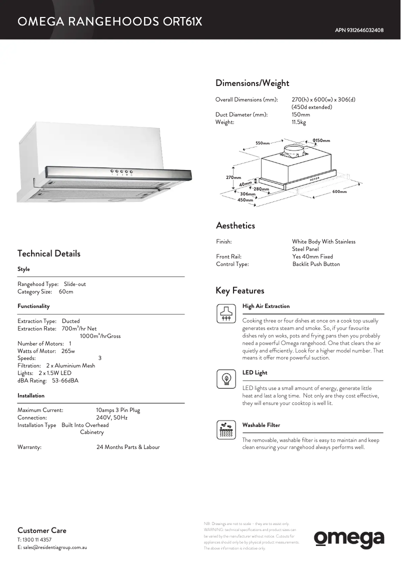 Página 1 del manual Ficha técnica Omega ORT61X