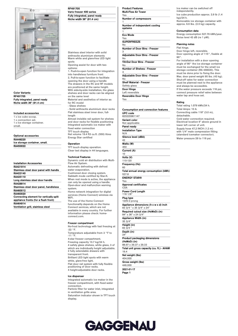 Página 1 del manual Ficha técnica Gaggenau RF491705