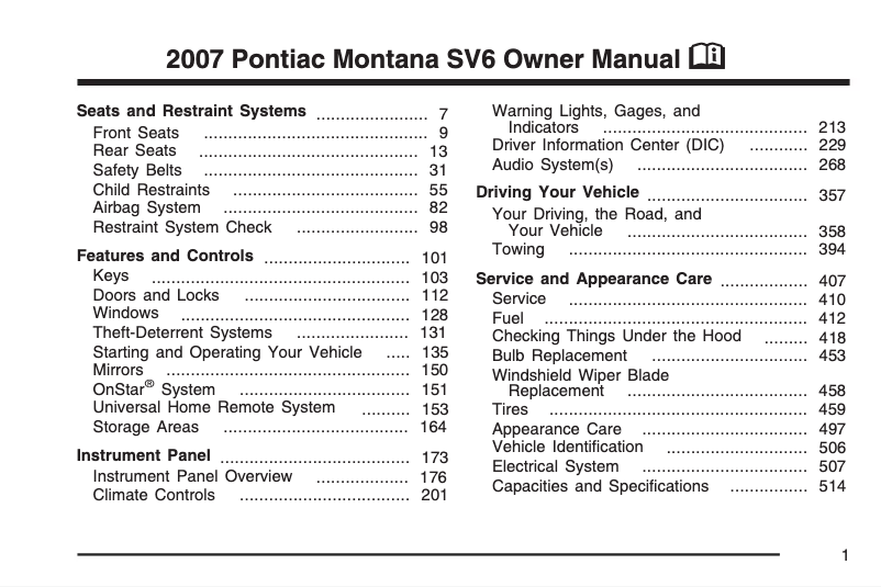 Página 1 del manual Manual de usuario Pontiac Vibe (2007)
