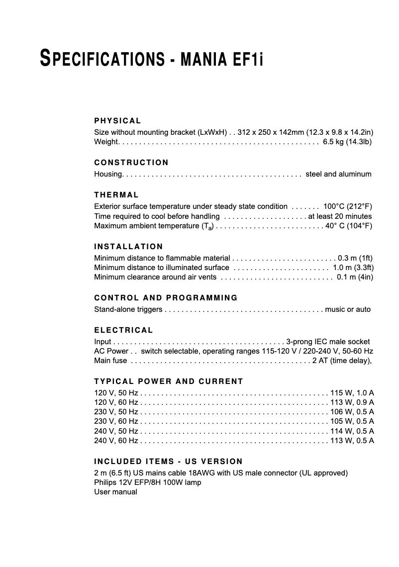 Página 1 del manual Ficha técnica Martin Mania EF1i