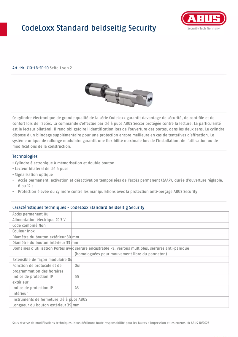 Página 1 del manual Ficha técnica Abus CLX-LB-SP-10