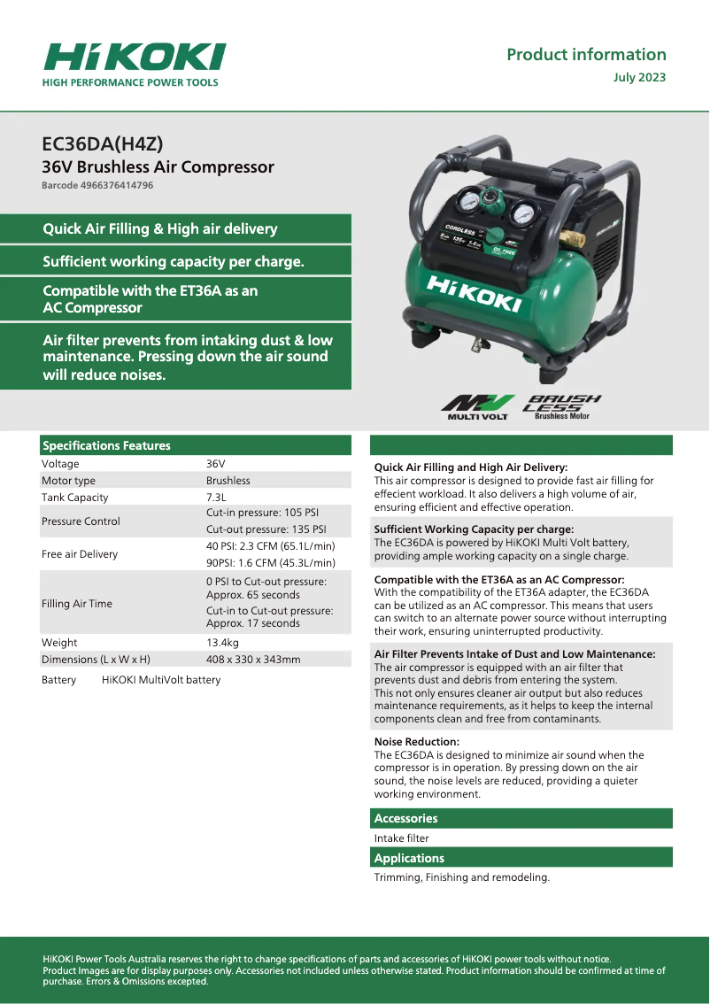 Página 1 del manual Ficha técnica HiKOKI EC36DA