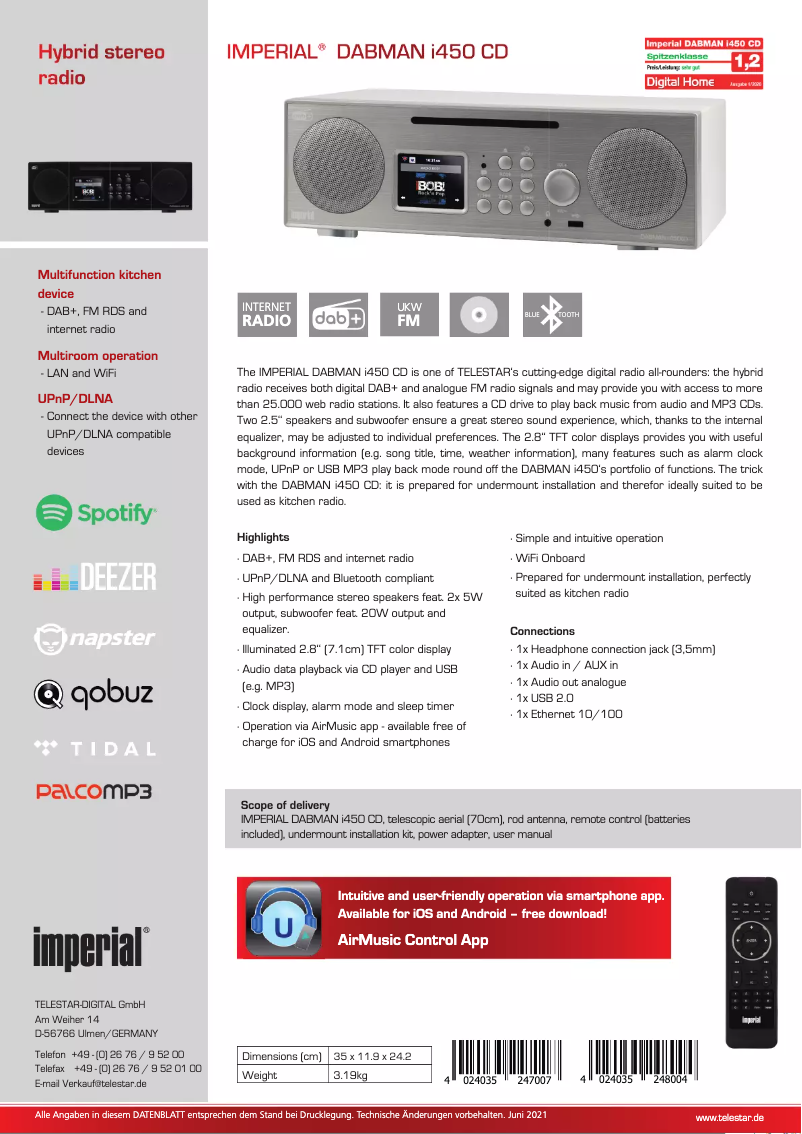 Página 1 del manual Ficha técnica Telestar DABMAN i450 CD