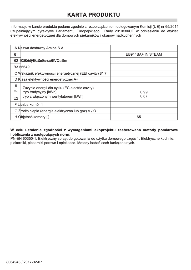 Página 1 del manual Manual de instrucciones Amica EB944BA+ IN STEAM