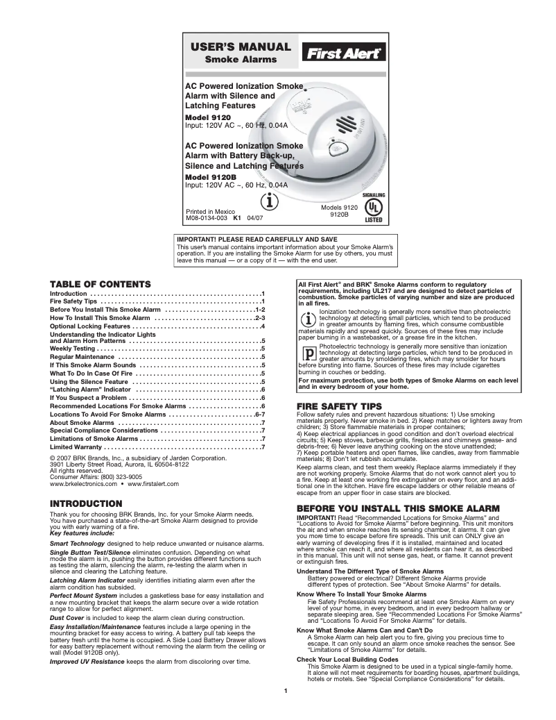 Página 1 del manual Manual de usuario First Alert 9120B6CP