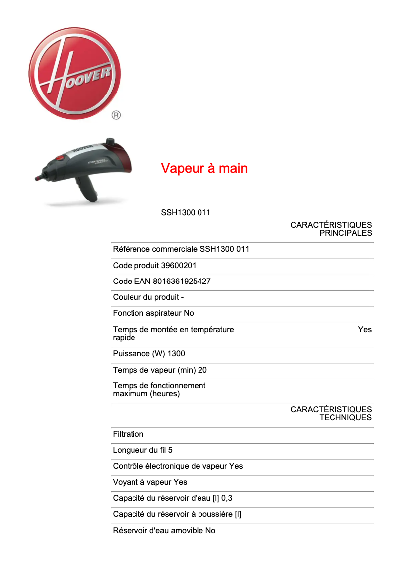 Página 1 del manual Ficha técnica Hoover SteamJet Handy SSH1300 011