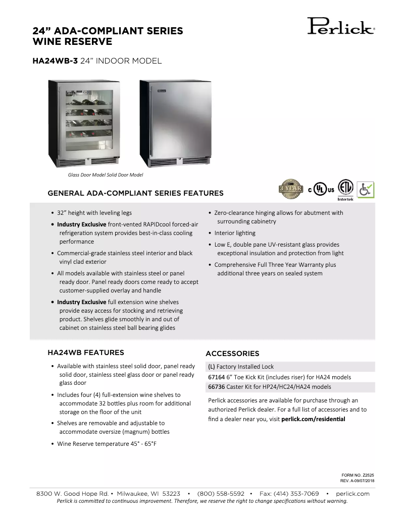 Página nº 1 - Ficha técnica Perlick HA24WB-3-3R