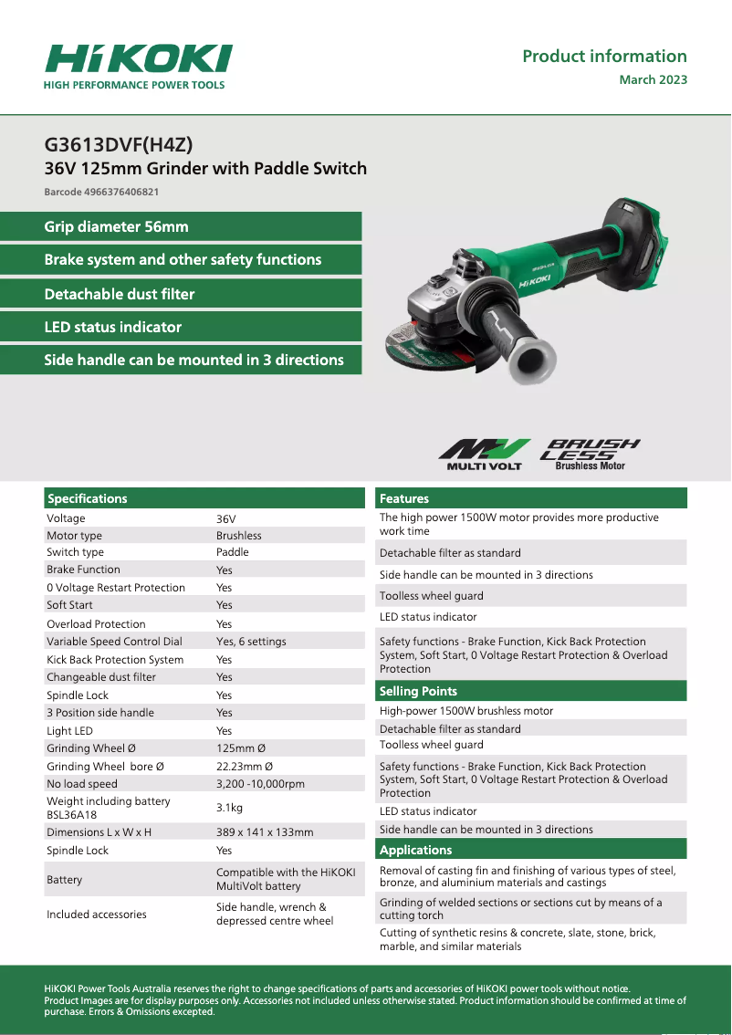 Página 1 del manual Ficha técnica HiKOKI G3613DVF