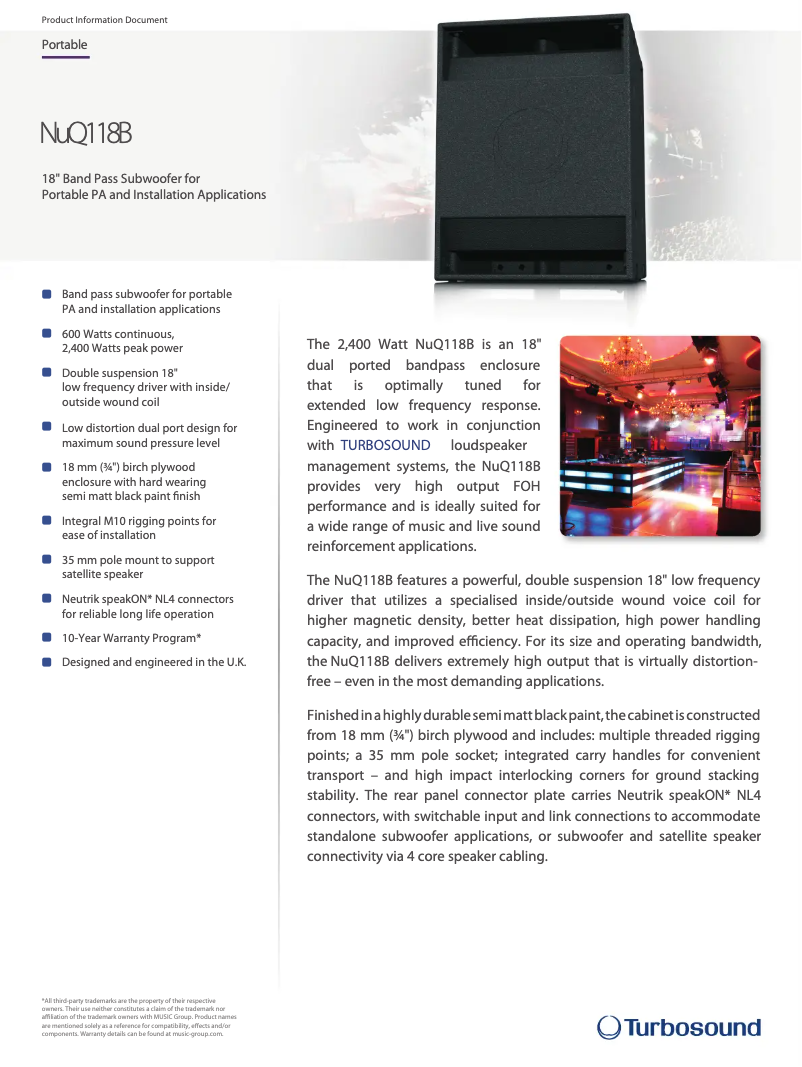 Página 1 del manual Ficha técnica Turbosound NuQ118B