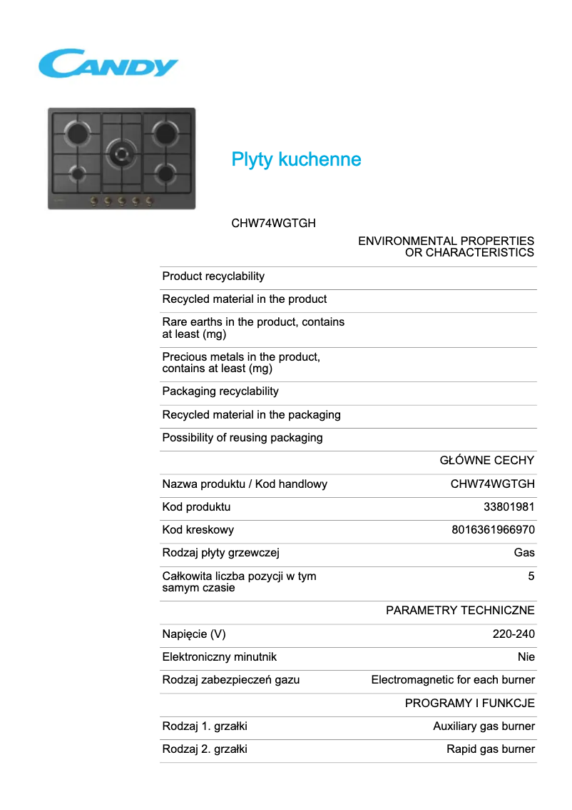 Imagen de la primera página del manual del dispositivo CHW74WGTGH