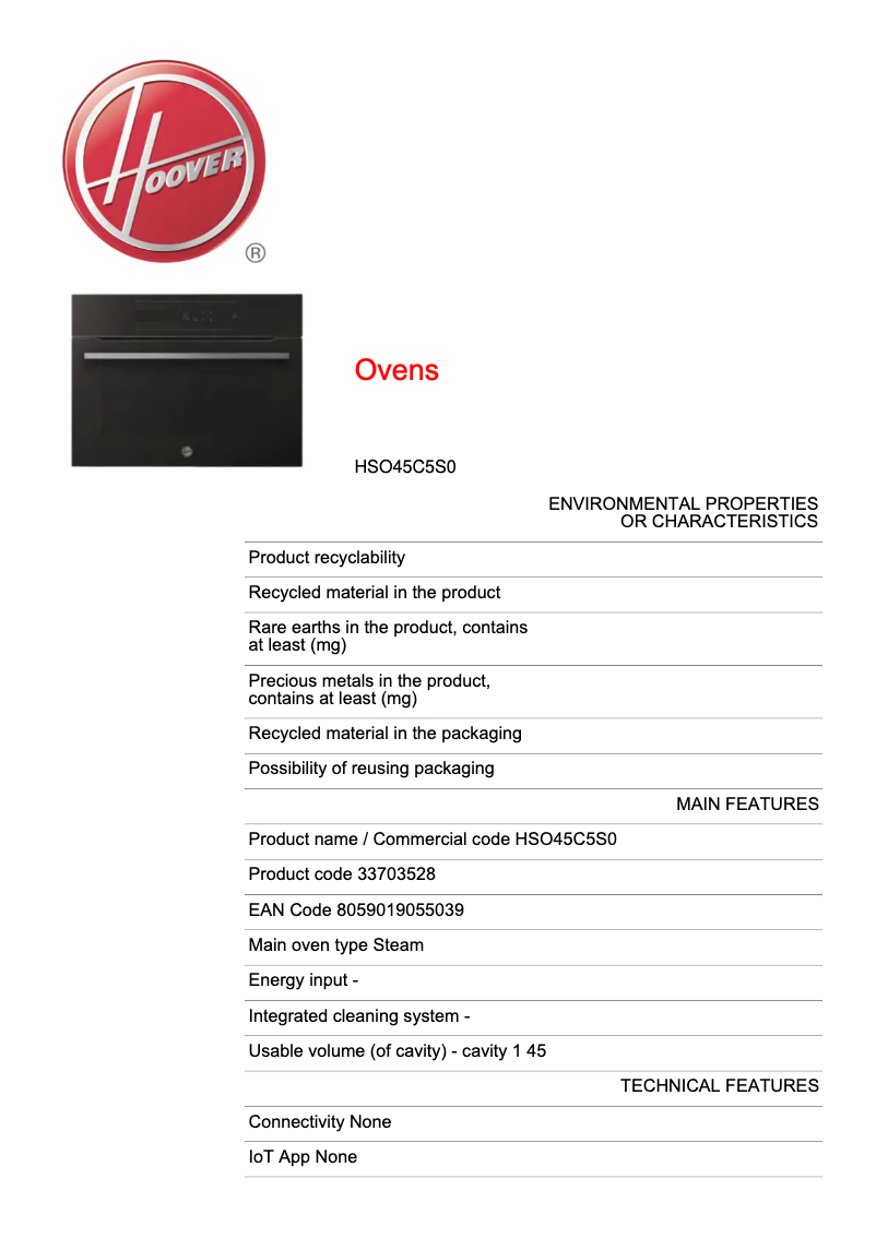 Página 1 del manual Ficha técnica Hoover HSO45C5S0