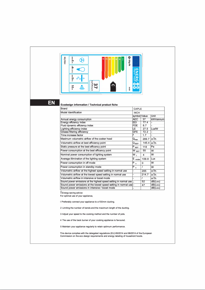 Página 1 del manual Ficha técnica Caple INCH