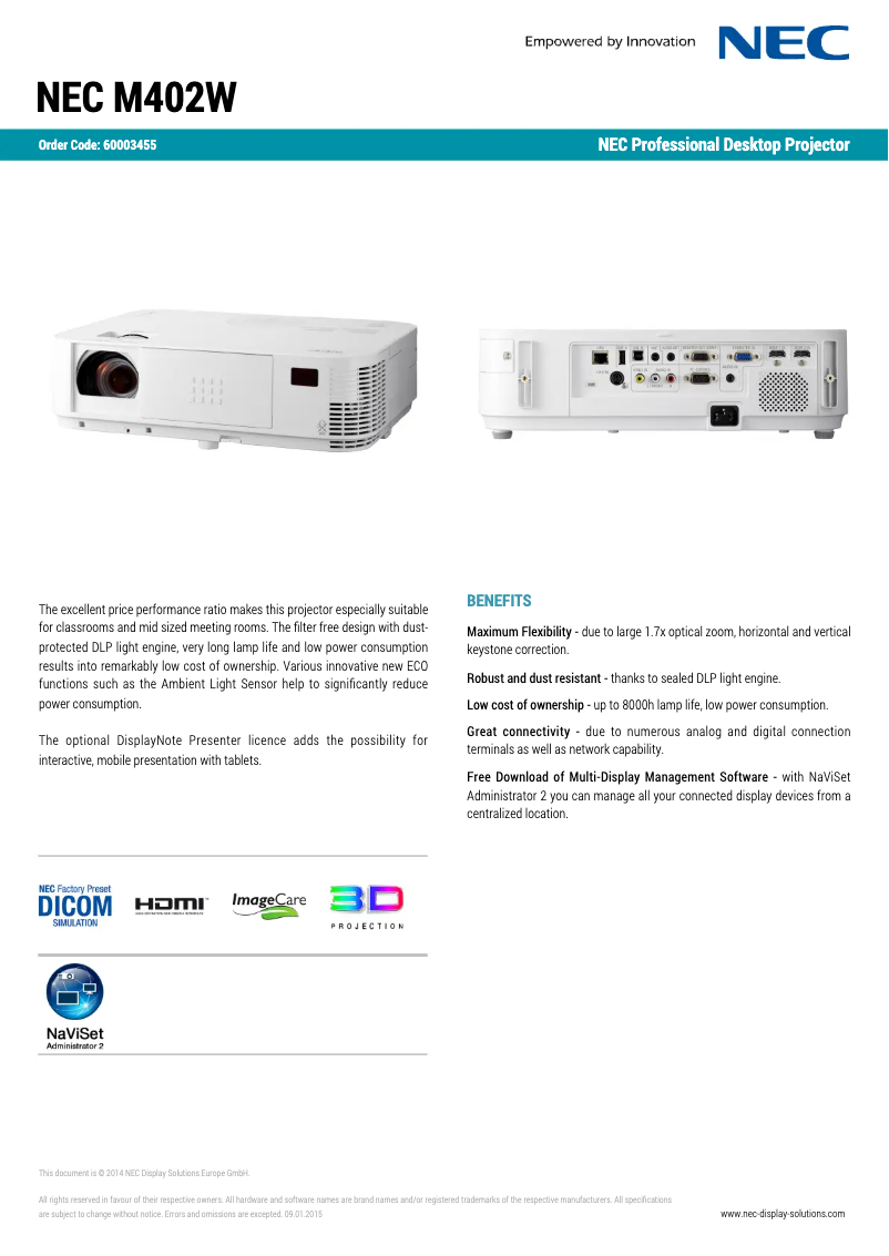 Página 1 del manual Ficha técnica NEC M402W