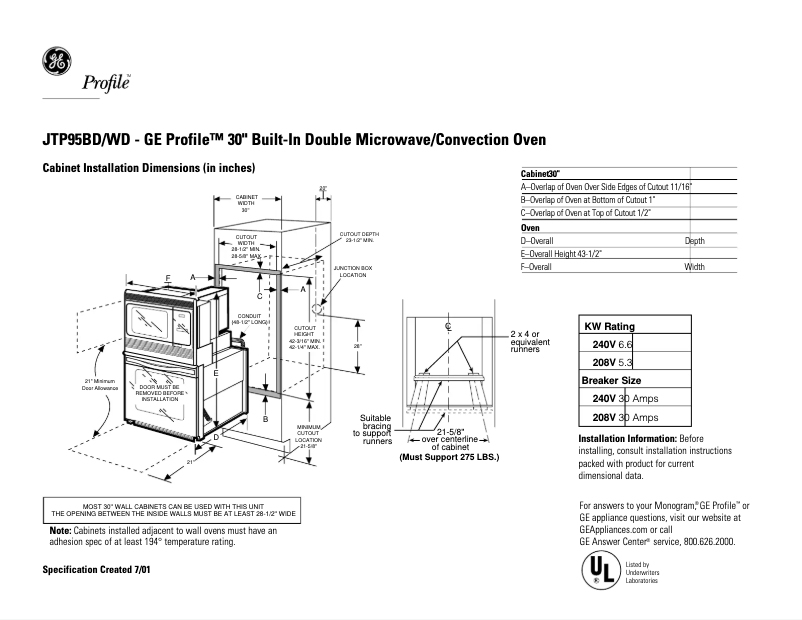 Página 1 del manual Ficha técnica GE Profile JTP95WDWW