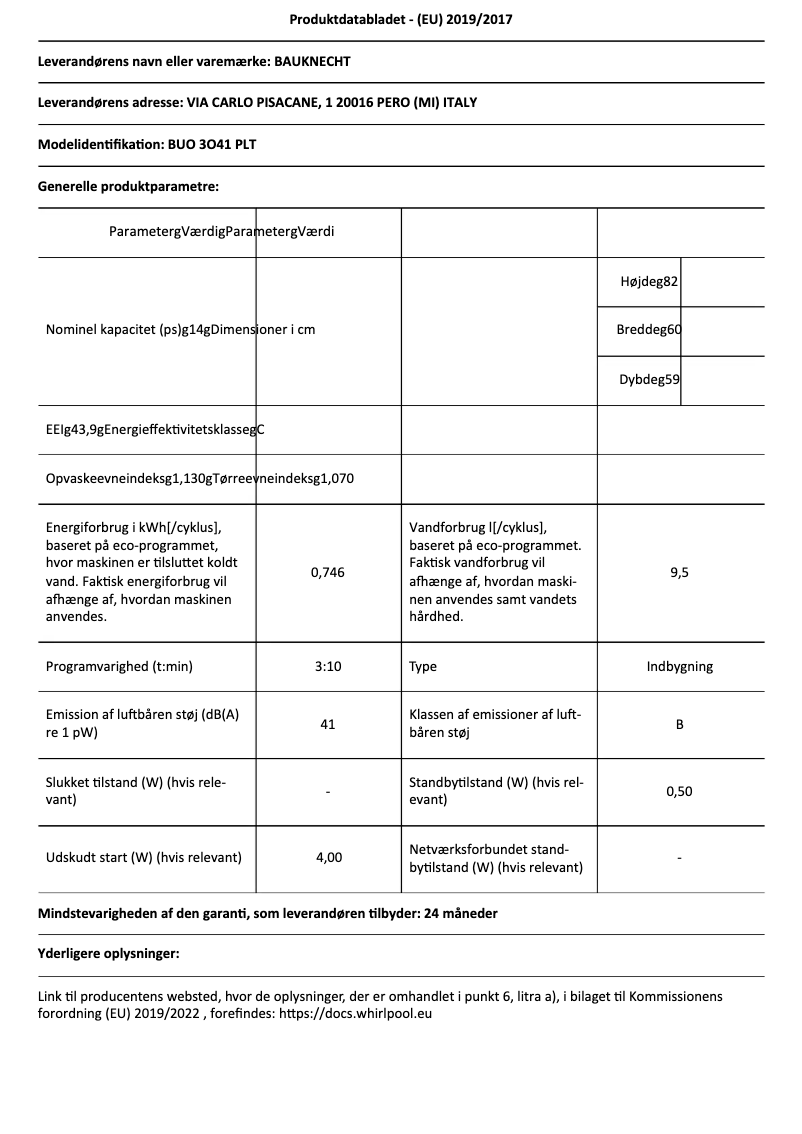 Página 1 del manual Ficha técnica Bauknecht BUO 3O41 PLT