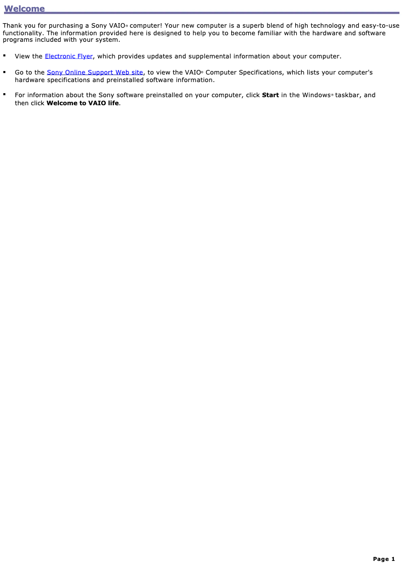 Imagen de la primera página del manual del dispositivo Vaio PCV-RS613GX