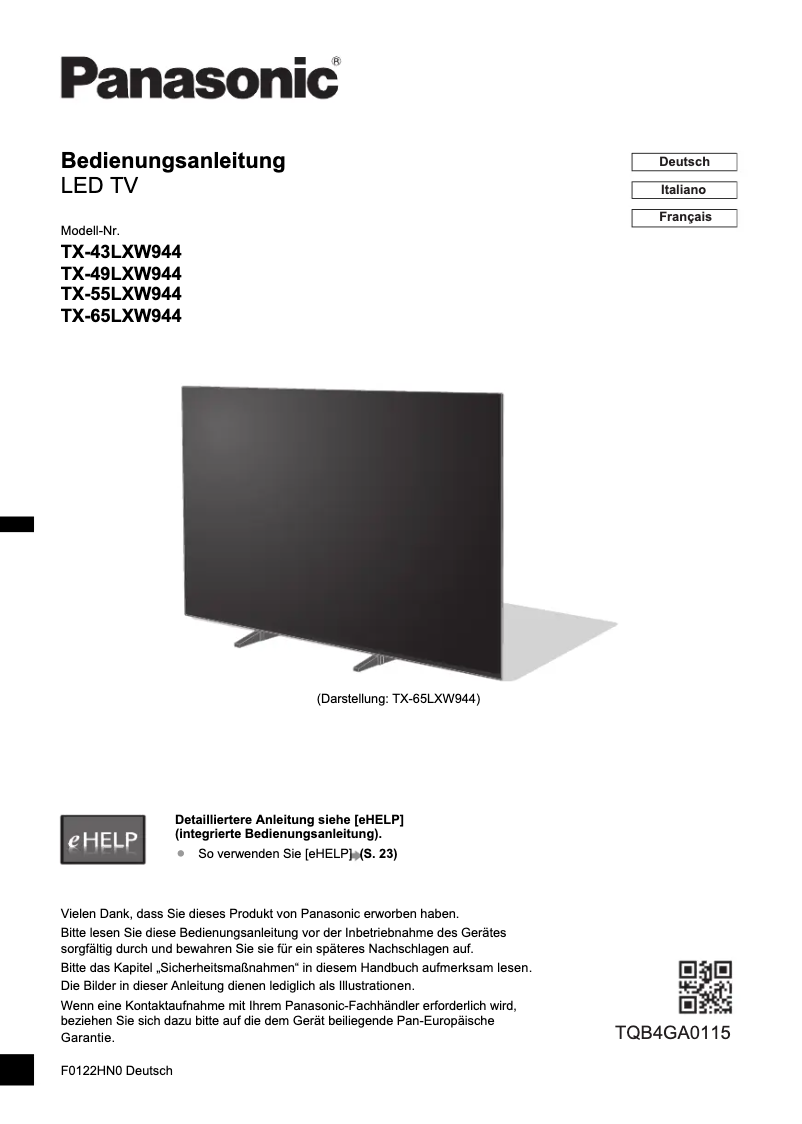 Imagen de la primera página del manual del dispositivo TX-49LXW944