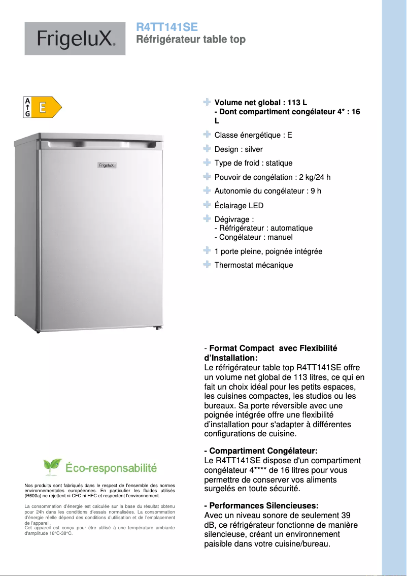 Página 1 del manual Ficha técnica FrigeluX R4TT141SE