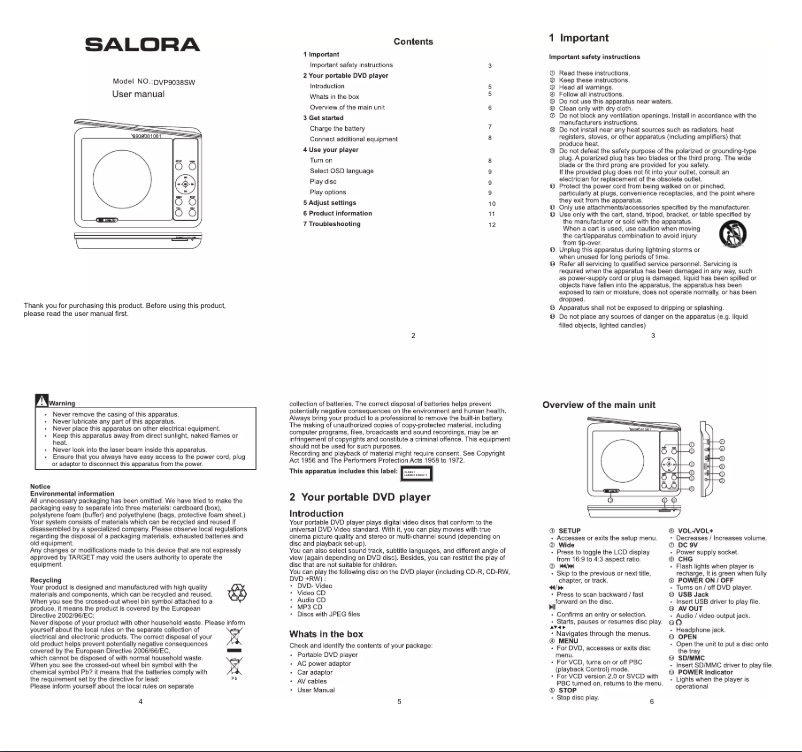 Imagen de la primera página del manual del dispositivo DVP9038SW