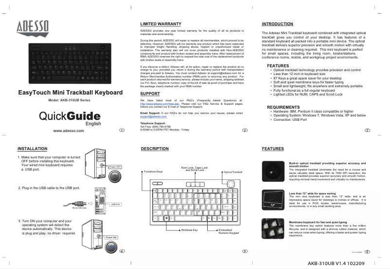 Imagen de la primera página del manual del dispositivo EasyTouch Mini Trackball Keyboard AKB-310