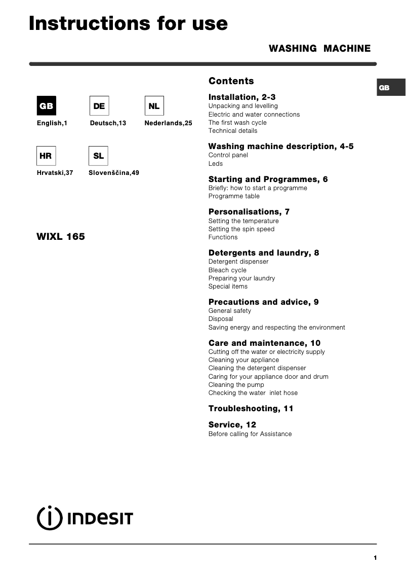 Página 1 del manual Manual de usuario Indesit WIXL 165 (EX)