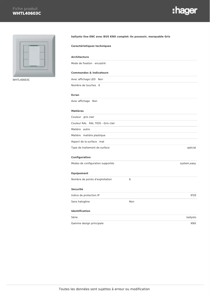 Página 1 del manual Ficha técnica Hager WHTL40603C