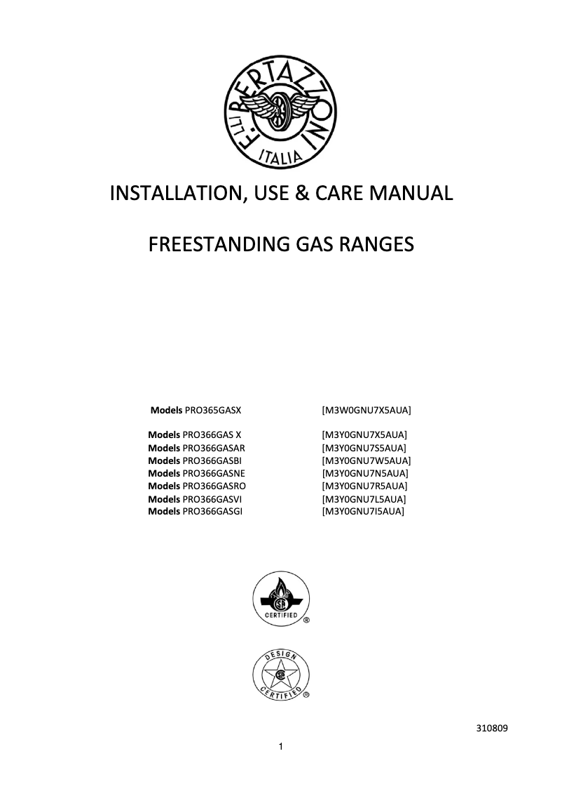 Página 1 del manual Manual de usuario Bertazzoni PRO365 GAS