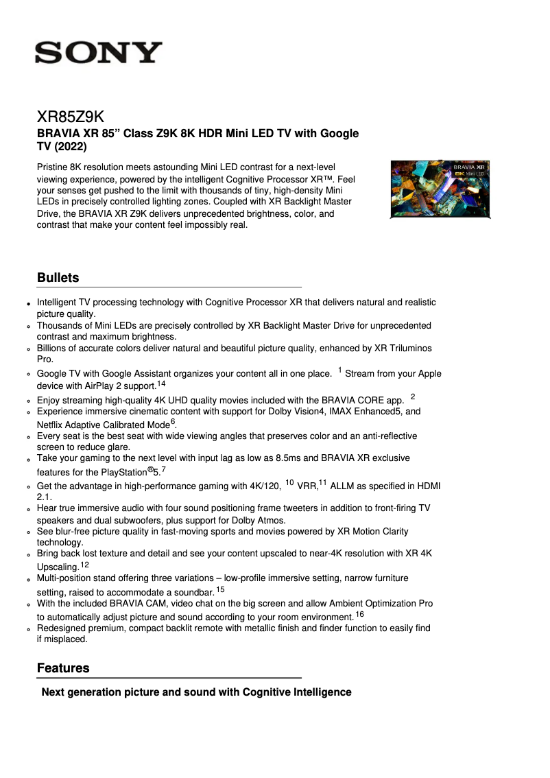 Imagen de la primera página del manual del dispositivo Bravia XR-85Z9K