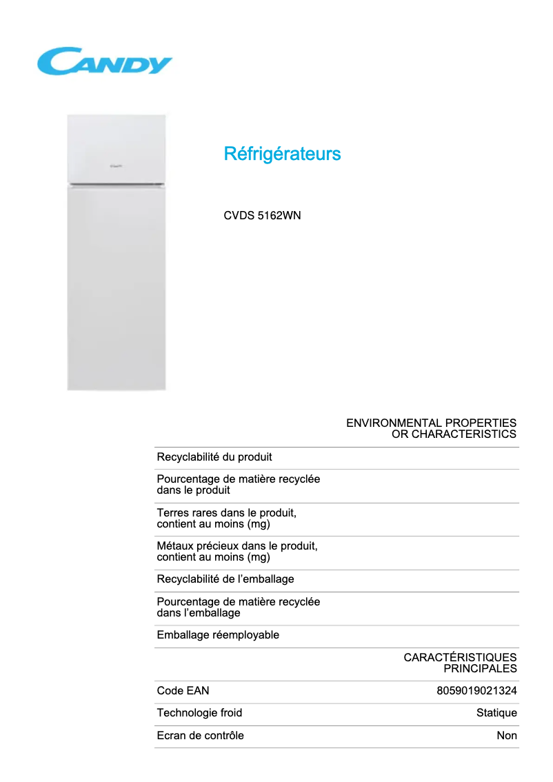 Página 1 del manual Ficha técnica Candy CVDS 5162WN