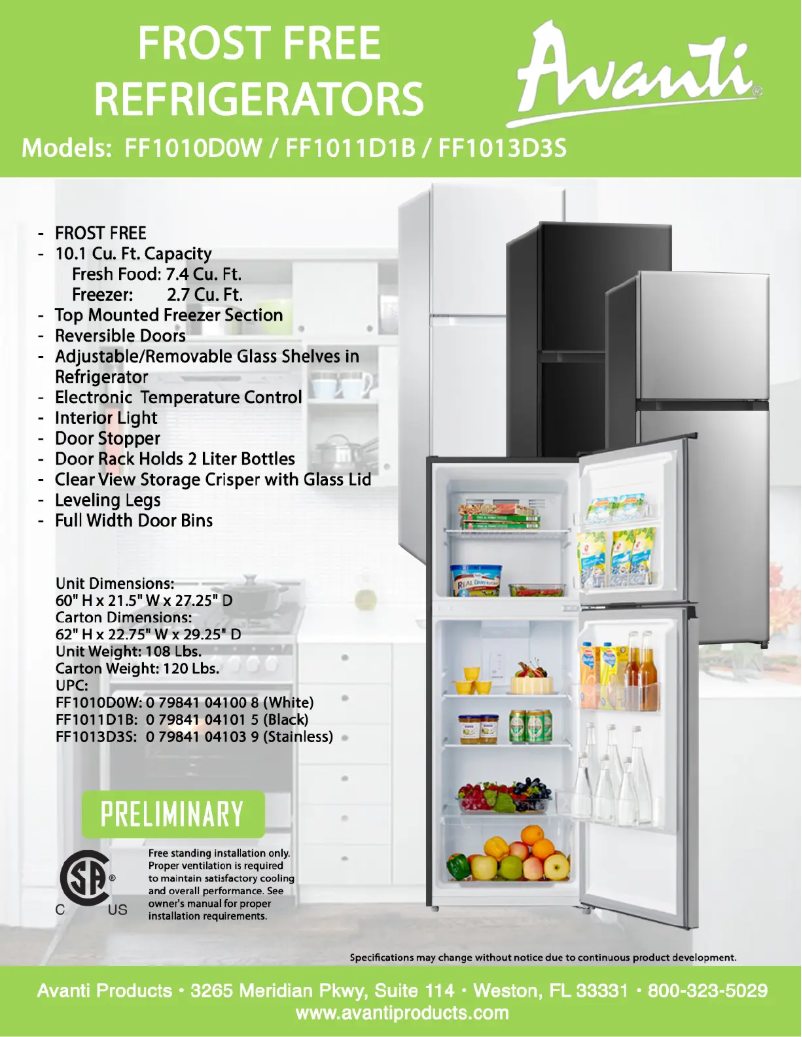 Página 1 del manual Ficha técnica Avanti FF1010D0W