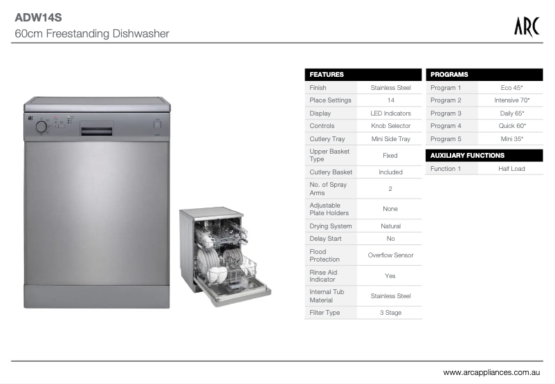 Página 1 del manual Ficha técnica ARC ADW14S