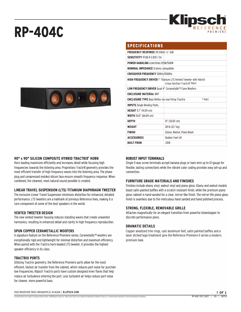 Página 1 del manual Ficha técnica Klipsch Reference Premiere RP-404C