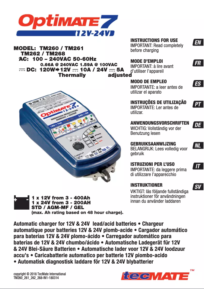 Imagen de la primera página del manual del dispositivo Optimate 7