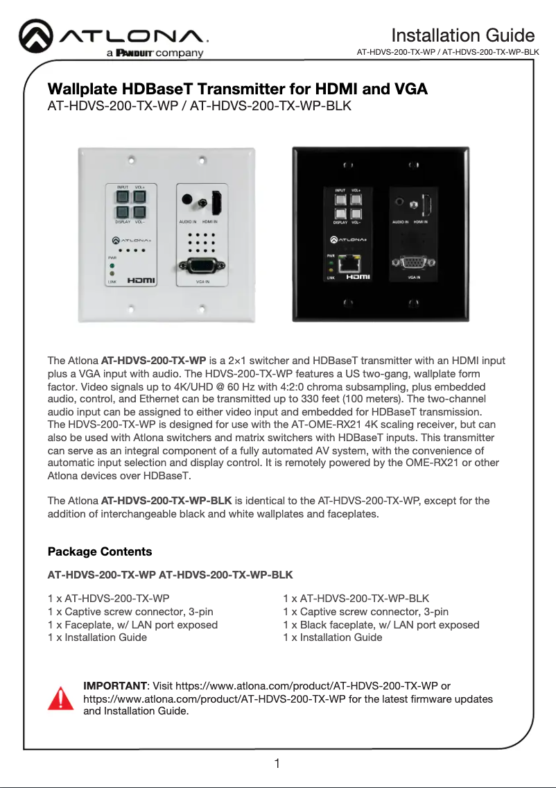 Página nº 1 - Guía de instalación Atlona AT-HDVS-200-TX-WP-BLK