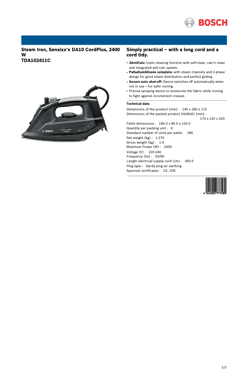 Página 1 del manual Ficha técnica Bosch TDA102411C