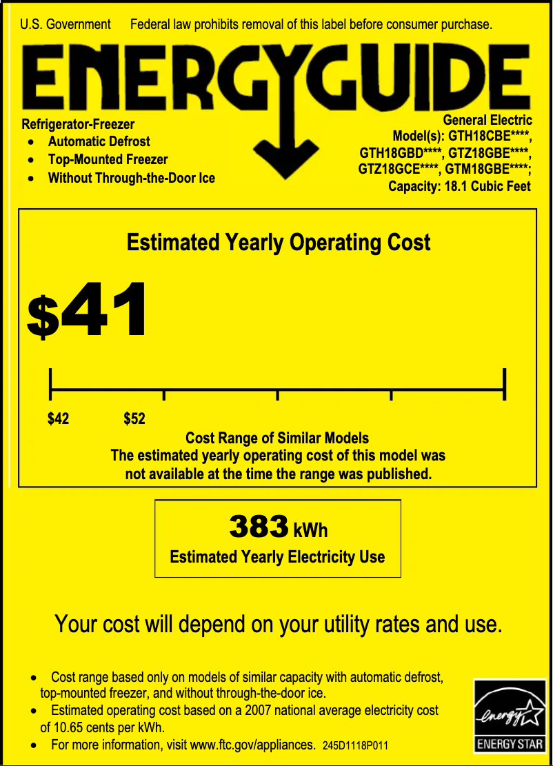 Página 1 del manual Etiqueta energética GE GTH18GBDBB